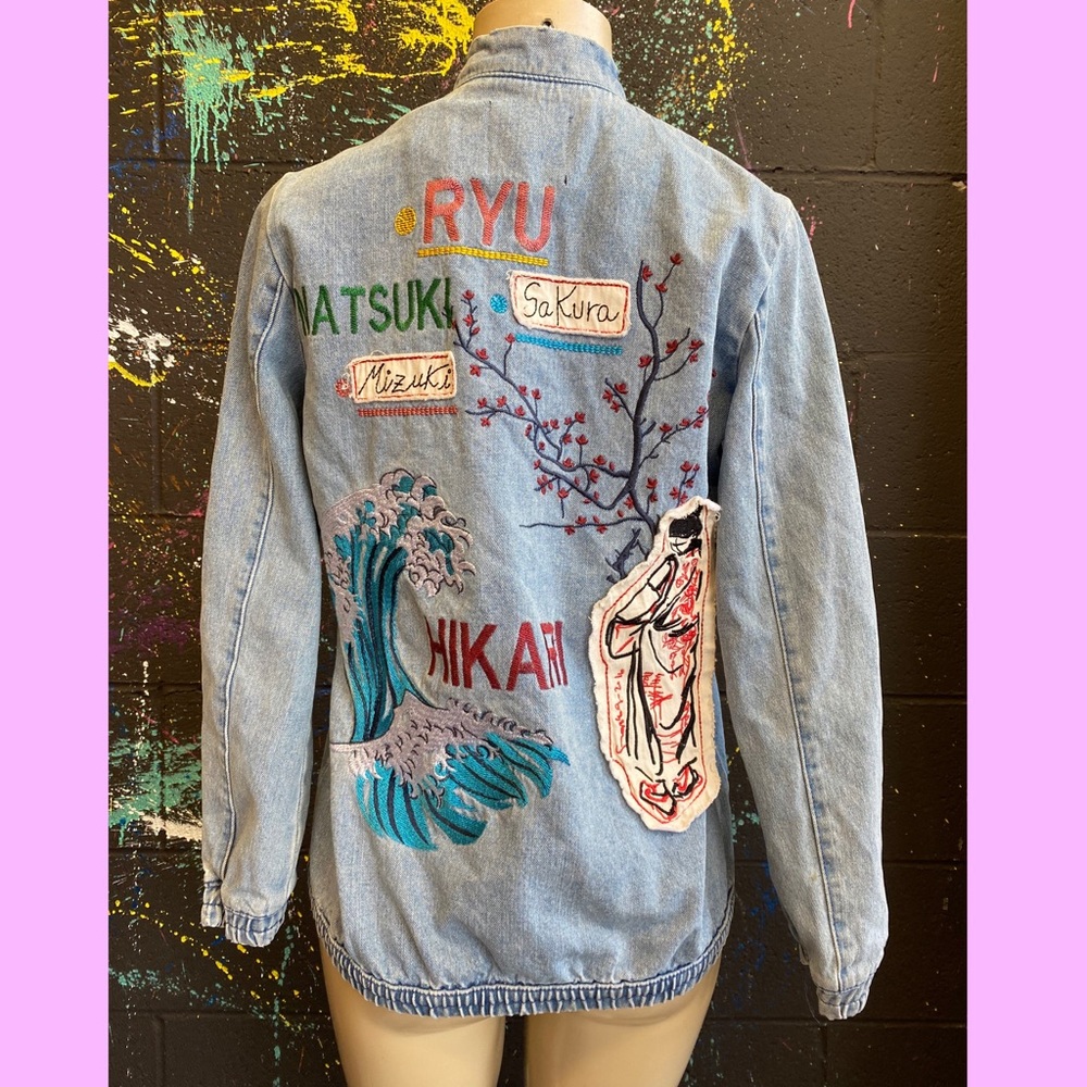 Zara Artistic Embroidered Jean Jacket - Blue and Multicolor